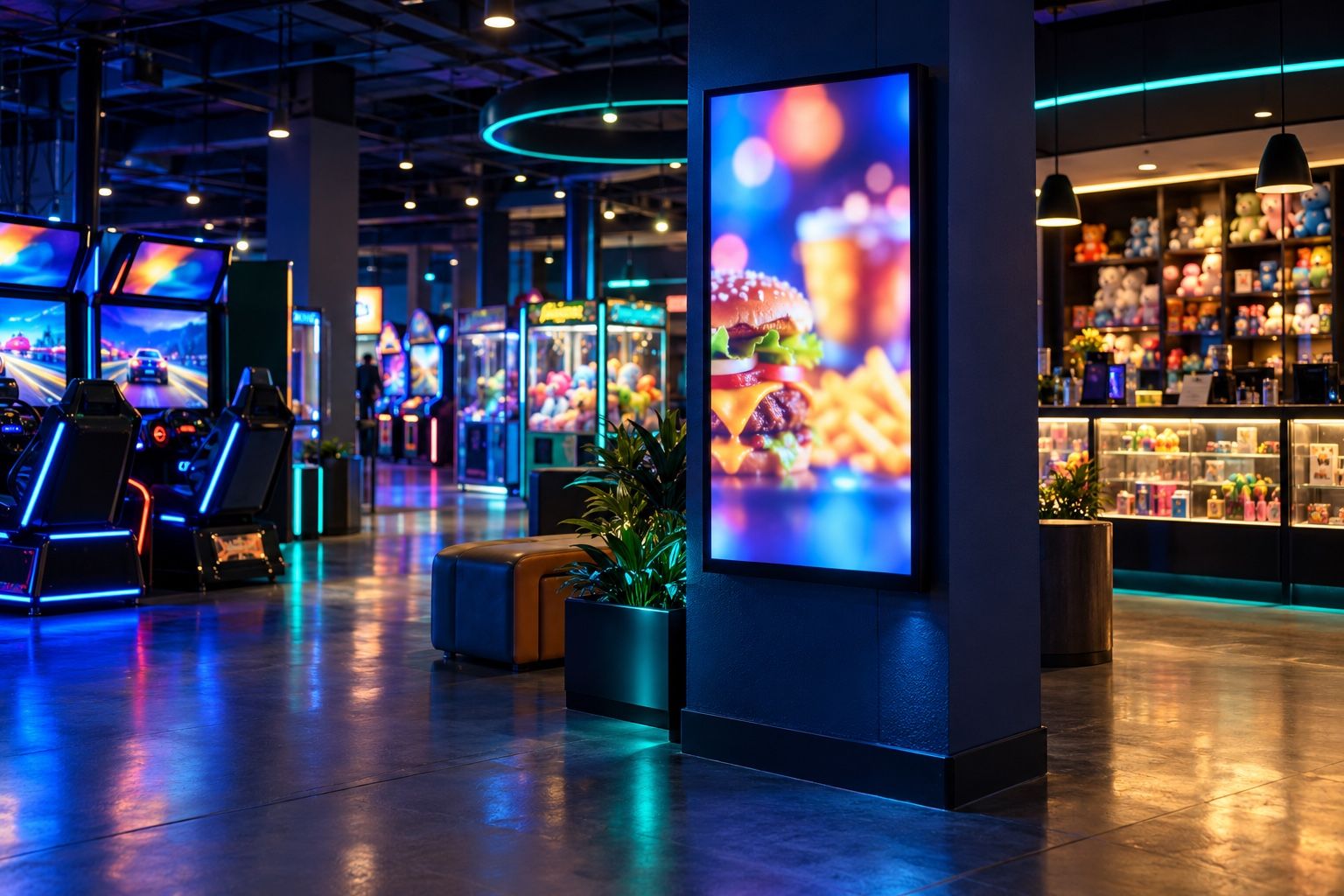 A portrait promotion screen on a pillar in a family entertainment centre