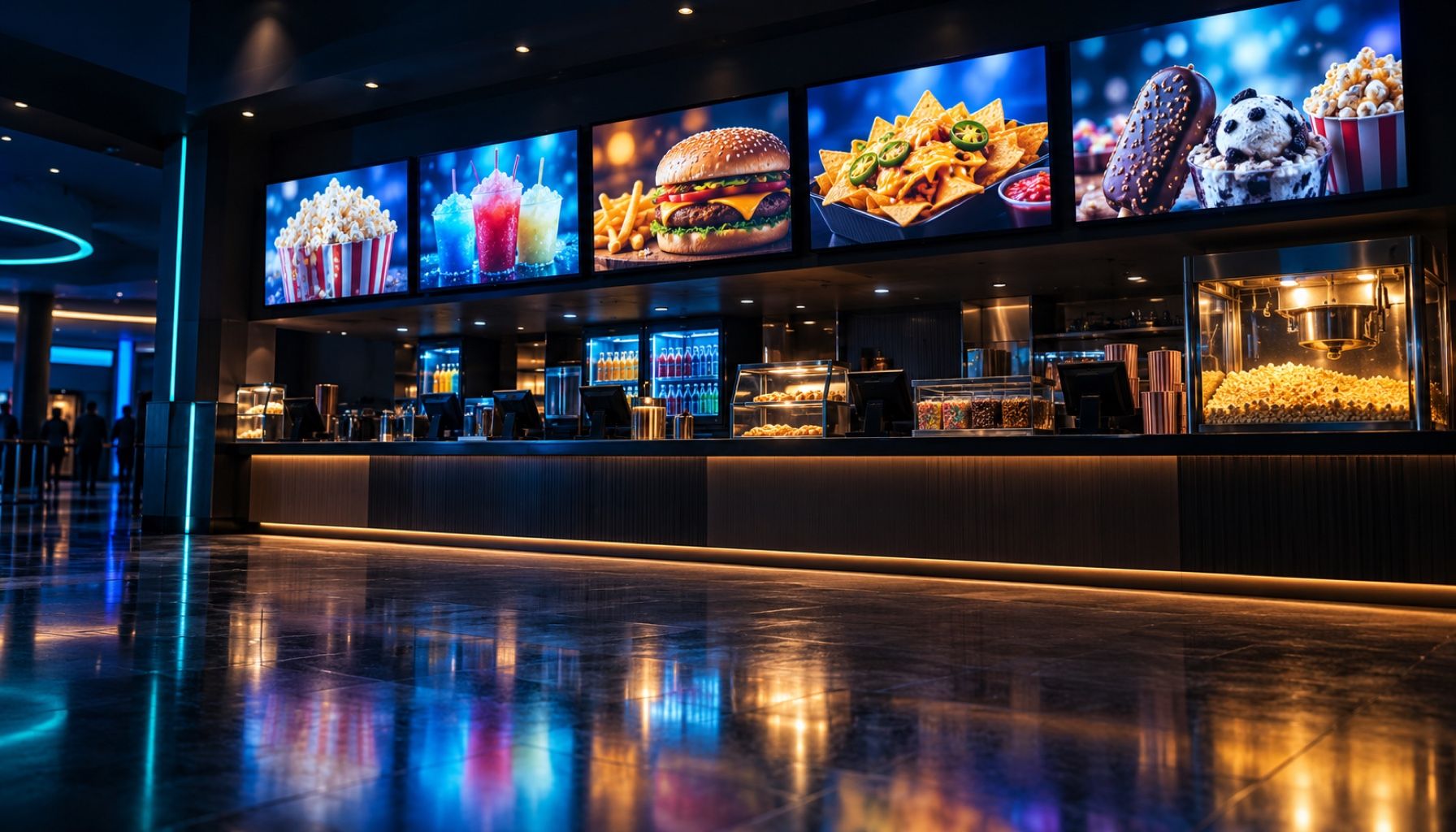 A cinema concession stand at night, with five digital menu boards glowing above the counter