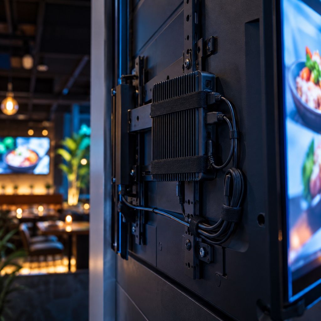 A small fanless PC strapped to the back of a wall-mounted TV